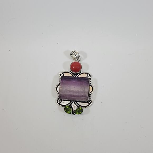 Handmade Silver Pendant with Banded Amethyst Jasper and Green Quartz Trio - Picture 2 of 10